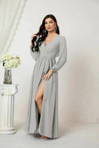 Sunnderly Evening Dresses Deep V-Neck Chiffon Bridesmaid Dresses Long Bishop Sleeve Side Split Formal Dress SY2806