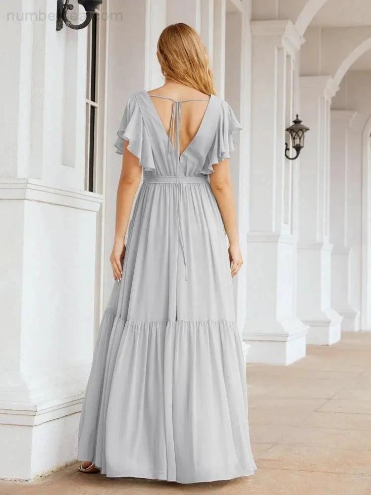 Numbersea Women's Open Back Formal Evening Party Prom Gowns V-Neck Long Chiffon Bridesmaid Dresses with Waist Belt 28038