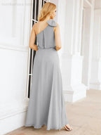 Numbersea Chiffon Ruffled One Shoulder Sleeveless Long Bride Dresses A-line Formal Evening Gown Side Split 28057