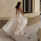 Elegant Spaghetti Straps Wedding Dress Sexy Lace Up Backless Robe Romantic Square Collar Tulle Bridal Gowns