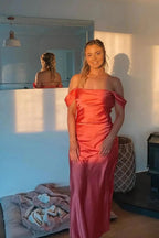Marquina | Off the Shoulder Coral Mermaid Satin Long Party Dress