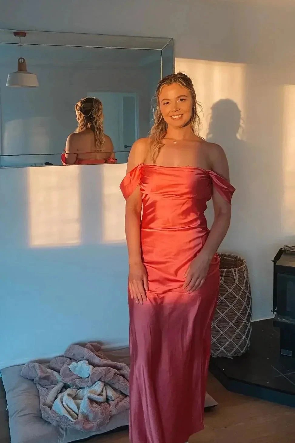 Marquina | Off the Shoulder Coral Mermaid Satin Long Party Dress