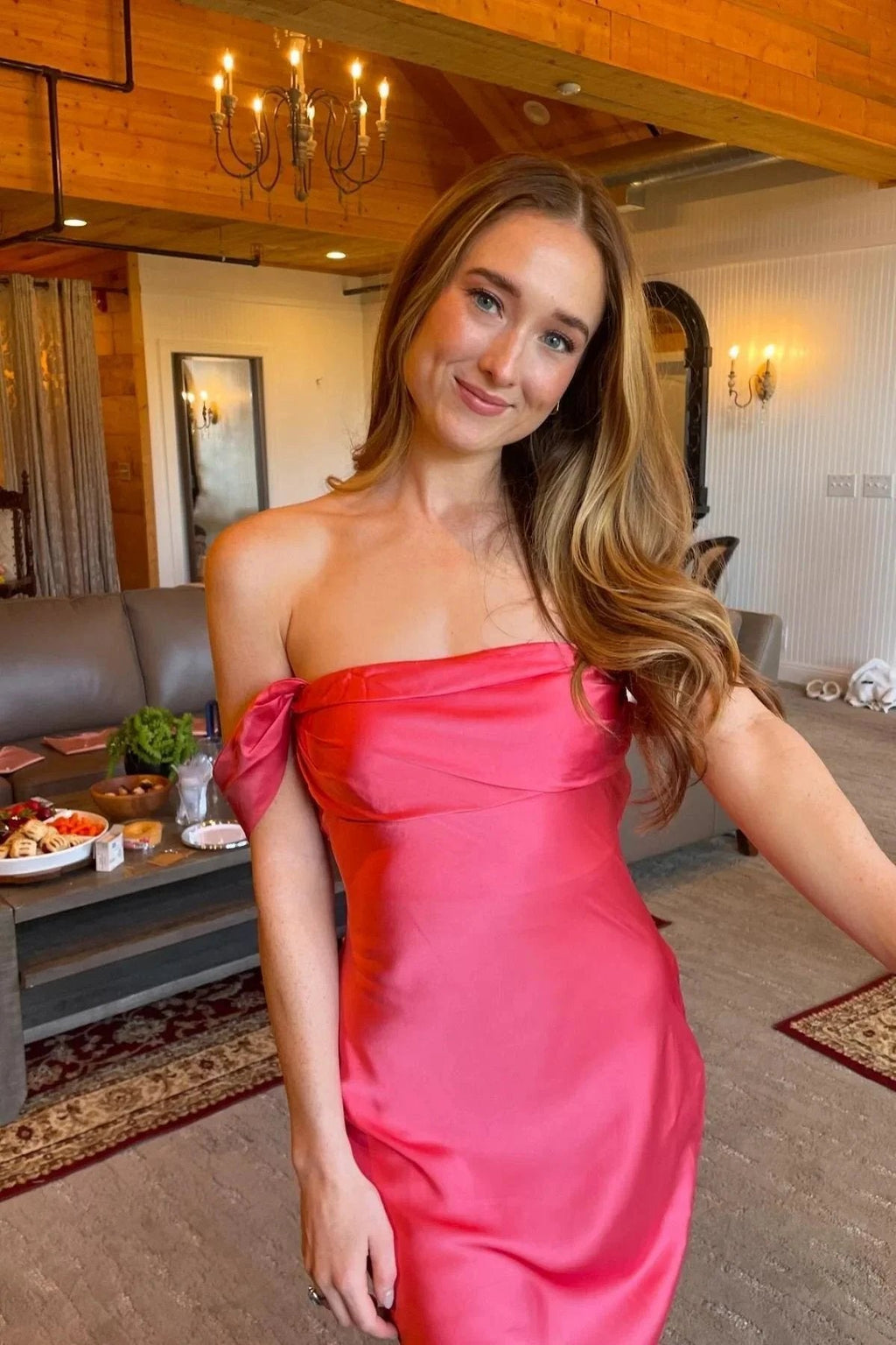 Marquina | Off the Shoulder Coral Mermaid Satin Long Party Dress