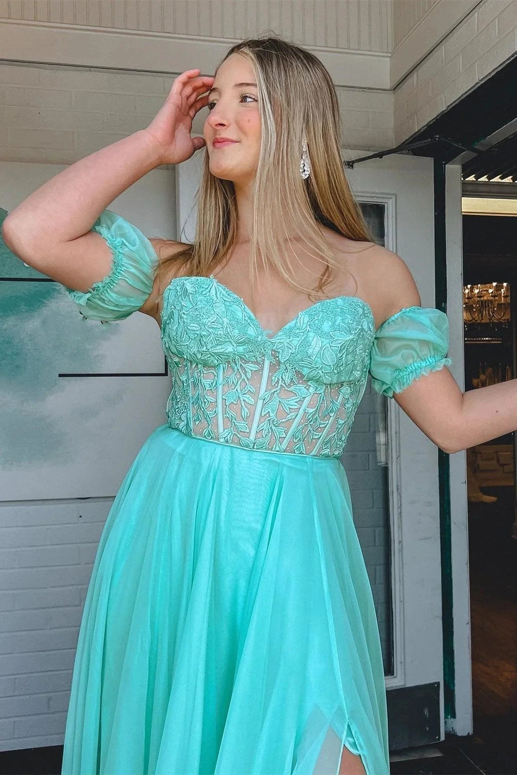 Rachel |A line Sweetheart Chiffon Prom Dress with Puff Sleeves