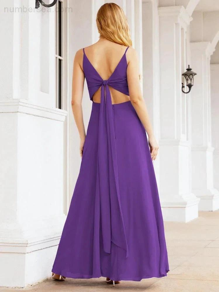 Numbersea Spaghetti Strap Bridesmaid Dresses V Neck Butterfly Back Fromal Evening Party Prom Gown 28036