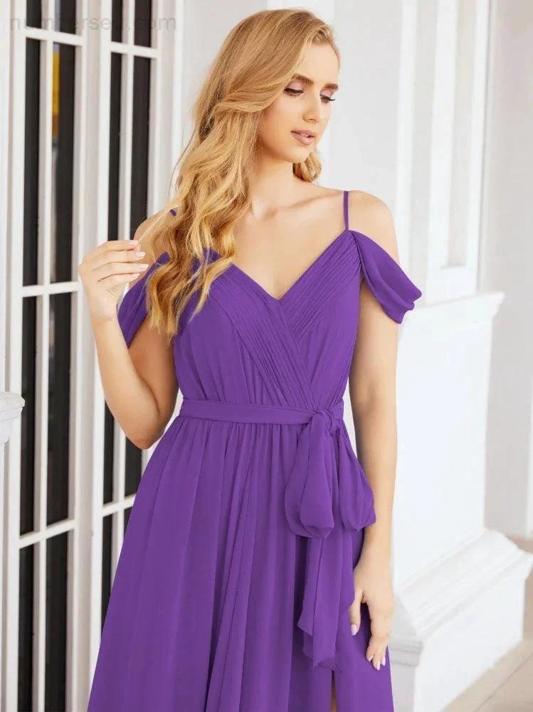 Numbersea Off The Shoulder Chiffon Bridesmaid Dress Long Formal Graduation Gown with Cowl Back 28069