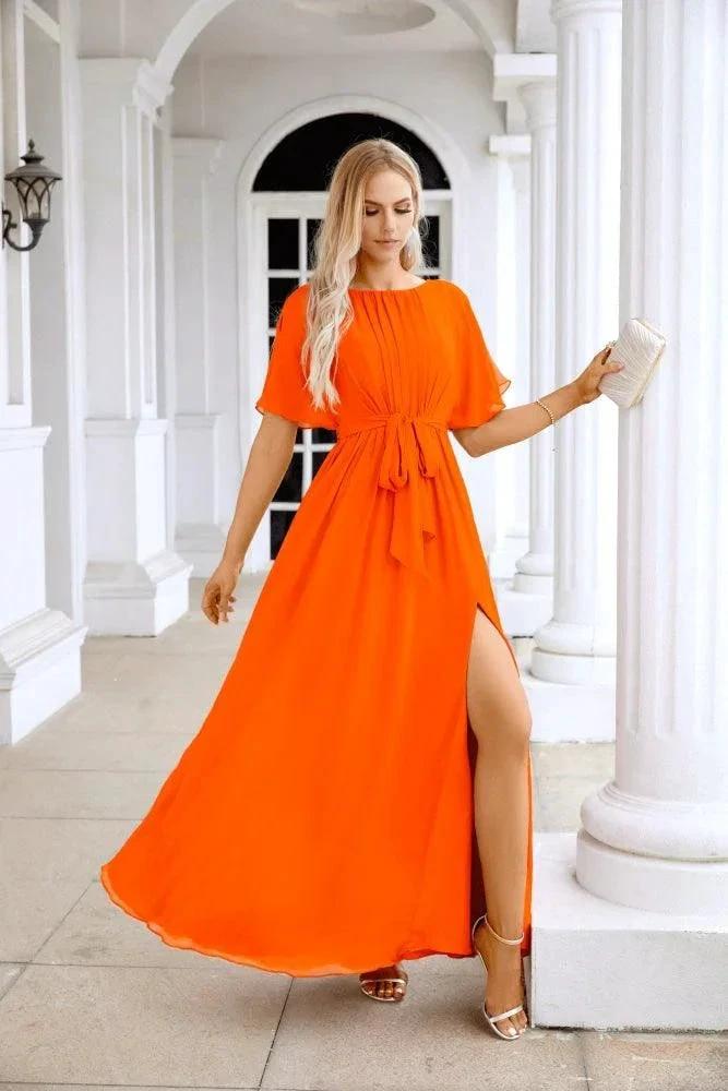 Ladies Chiffon Sleeve Crew Neck Front Slit Floor Length Bridesmaid Evening Dress Wedding Party Evening Dress 28124