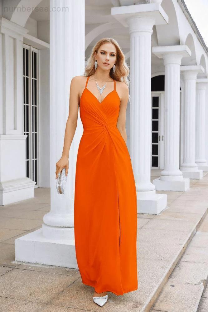 Ladies Chiffon Spaghetti Strap V Neck Front Slit Floor Length Bridesmaid Evening Dress Prom Party Wedding Evening Dress 28116