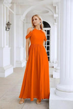 Ladies Chiffon Off Shoulder Swing Sleeve Front Slit Bridesmaid Evening Dress Wedding Party Evening Dress 28117