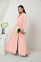 Sunnderly Evening Dresses Deep V-Neck Chiffon Bridesmaid Dresses Long Bishop Sleeve Side Split Formal Dress SY2806