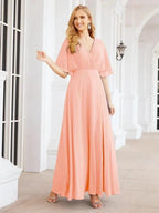 Numbersea V-Neck Bridesmaid Dress Chiffon Long Open Back Formal Dresses for Women Party Evening 28067