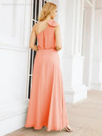 Numbersea Chiffon Ruffled One Shoulder Sleeveless Long Bride Dresses A-line Formal Evening Gown Side Split 28057