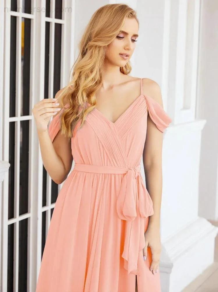 Numbersea Off The Shoulder Chiffon Bridesmaid Dress Long Formal Graduation Gown with Cowl Back 28069