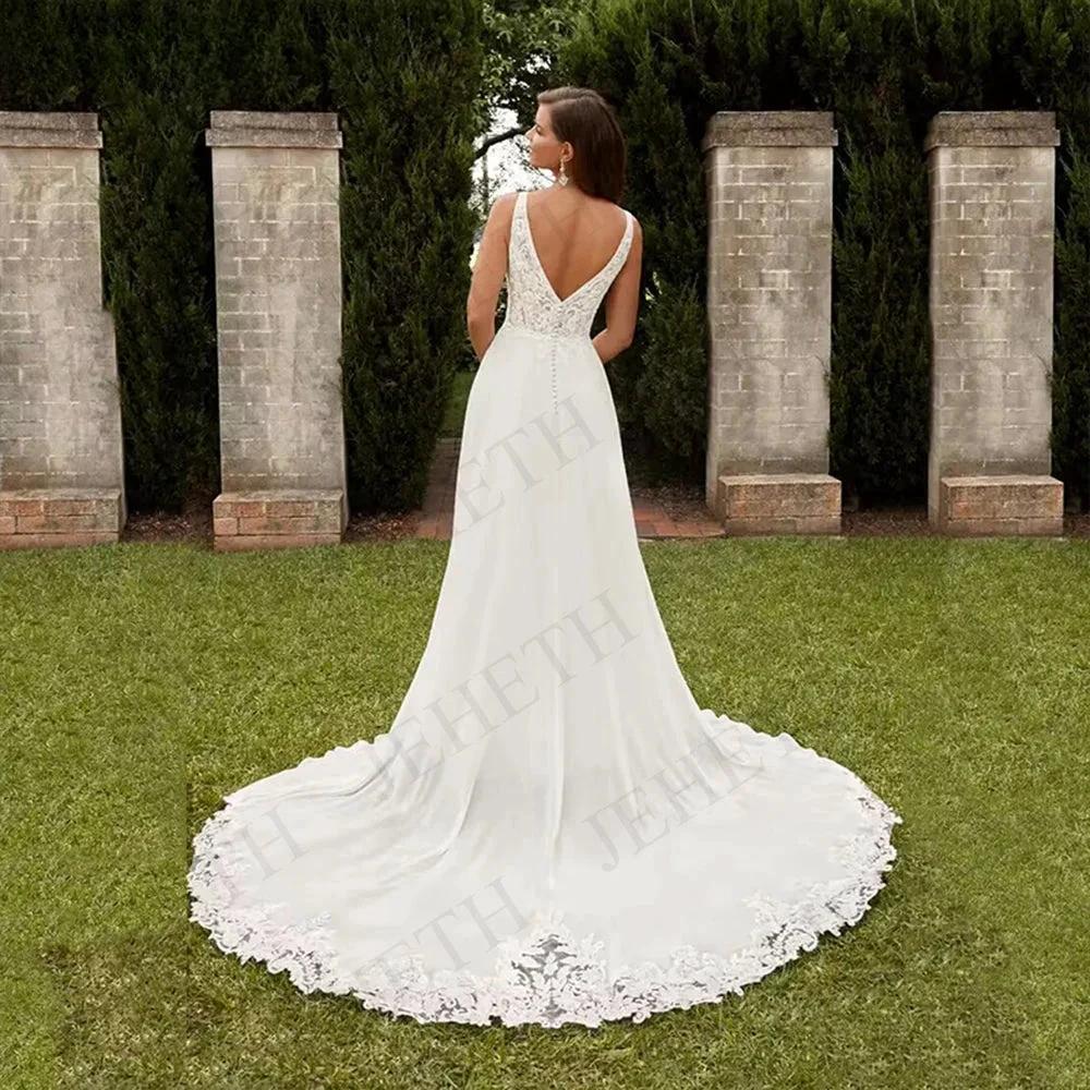 Wedding Dresses Vintage A Line Boho Lace V Neck Split Sleeveless Bridal Gown Vestidos De Novia Backless Appliques Women