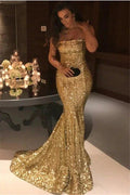 Elegant Long Strapless Sequins Mermaid Evening Prom Dress