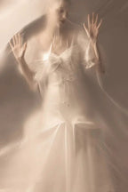 Elegant Mermaid Square Neck Organza Puff Sleeve Satin Wedding Dress with Crystal Trim & Lace-Up Back Q6019