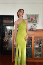 Elegant Green Sheath One Shoulder Long Party Prom Dress With Slit Backless Evening Dress Y8550