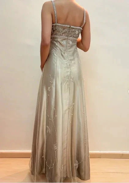 Fashion Spaghetti Straps Satin Tulle Beaded Prom Dress A Line Party Evening Gown Y8139