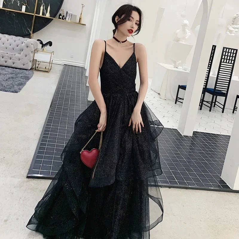 Black tulle sequins prom dress evening dress Y1021