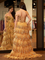 Gold Princess A Line Off the Shoulder Corset Prom Dress with Lace Ruffles