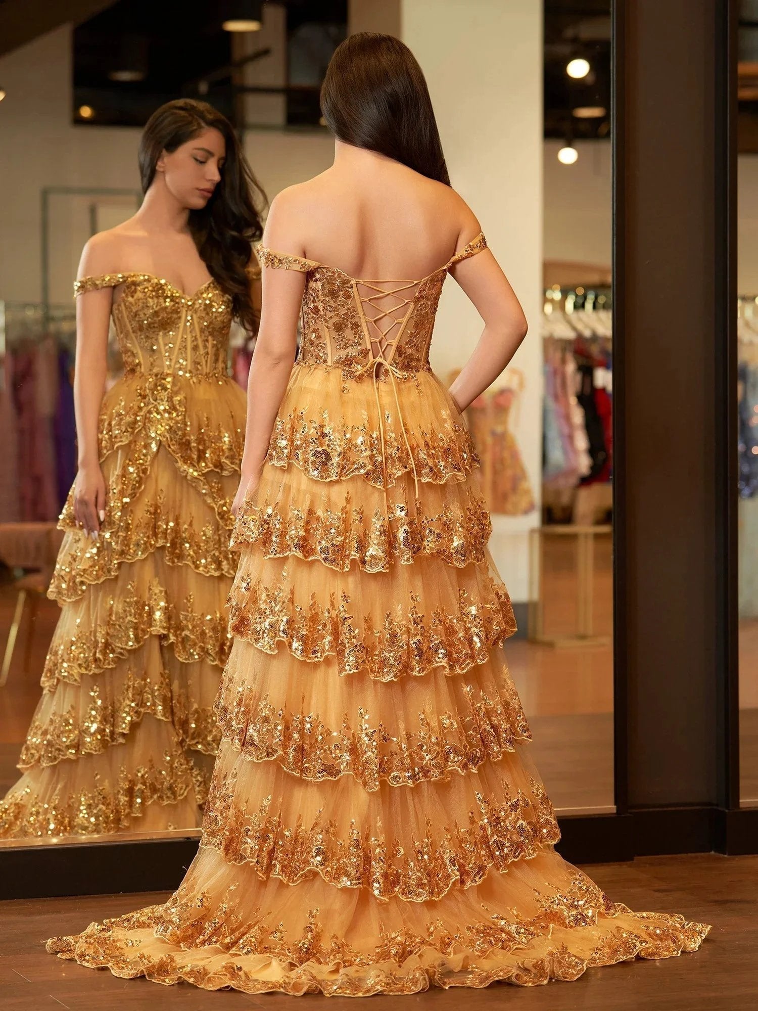 Gold Princess A Line Off the Shoulder Corset Prom Dress with Lace Ruffles