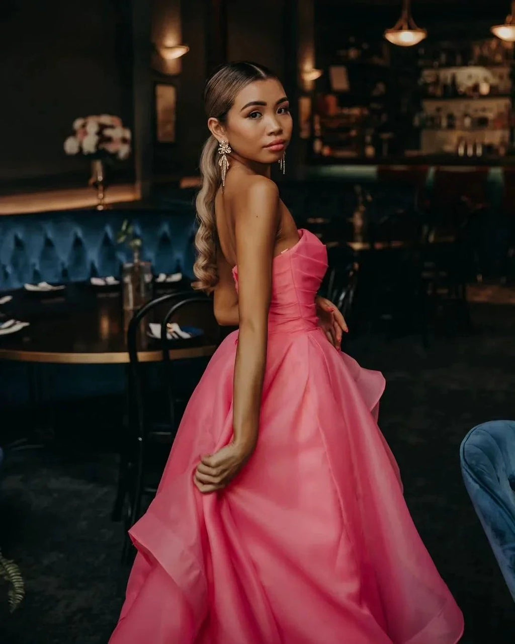 Elisa |Light Pink A Line Strapless Organza Prom Dress