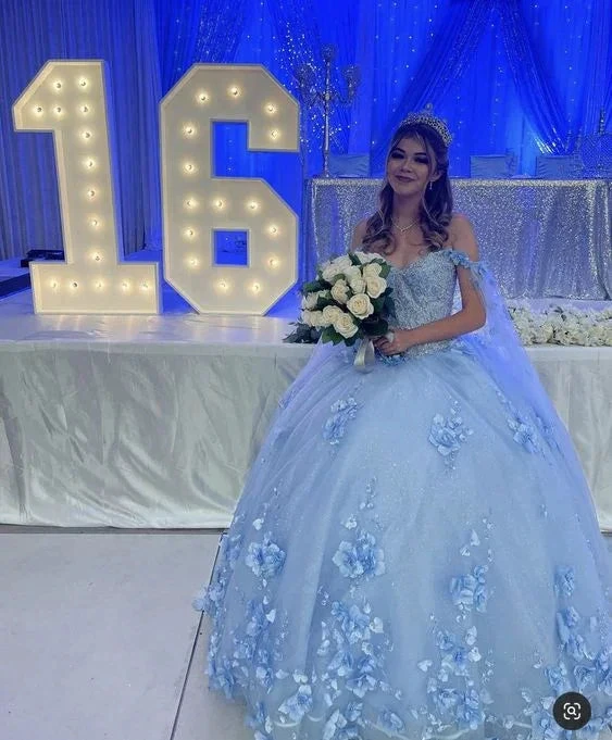 Light Blue Long Dress Cute 3D Applique Off Shoulder Ball Gown Princess Dress Y260