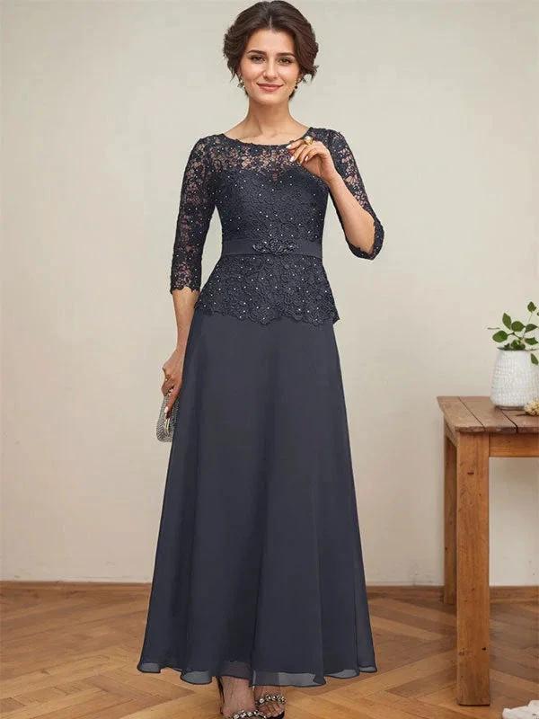A-line Scoop Illusion Ankle-Length Chiffon Lace Mother of the Bride Dress With Rhinestone Beading
