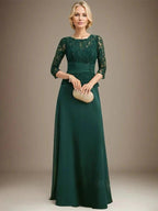 A-line Scoop Illusion Floor-Length Chiffon Lace Mother of the Bride Dress With Pleated Sequins Beading