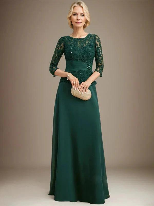 A-line Scoop Illusion Floor-Length Chiffon Lace Mother of the Bride Dress With Pleated Sequins Beading