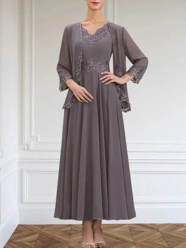A-line V-Neck Ankle-Length Chiffon Mother of the Bride Dress With Sequins Appliques Lace Beading