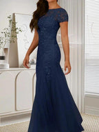 Dark Navy Mermaid Scoop Sequins Tulle Dress
