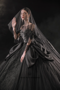 Dramatic Black Ball Gown Illusion Neckline Satin Puff Sleeve Beaded Lace Wedding Dress with Oversized Train E-305