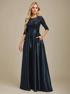 A-line Scoop Illusion Floor-Length Stretch Satin Lace Mother of the Bride Dress With Bow Sequins