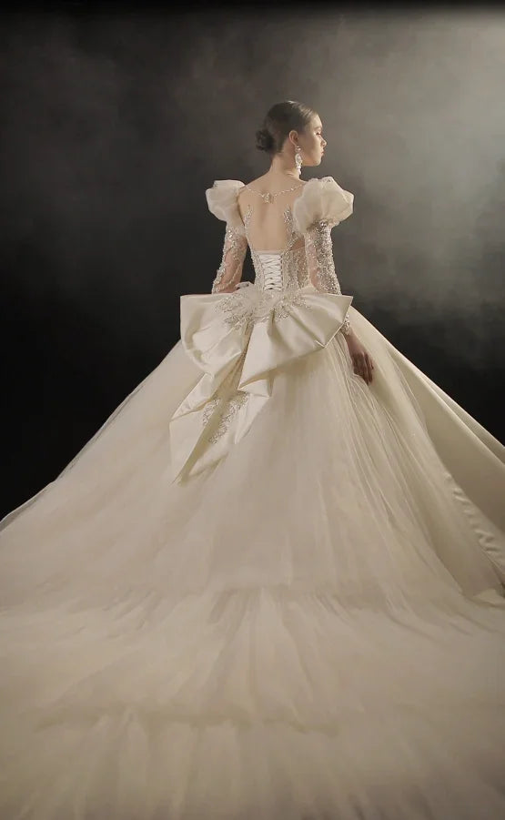 Regal Ball Gown Illusion Neckline Tulle Puff Sleeve Beaded Lace Wedding Dress with Oversized Bow Train E-304