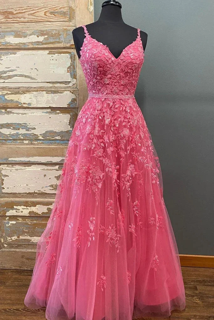 A Line V Neck Beaded Hot Pink Lace Long Prom Dress, Hot Pink Lace Formal Graduation Evening Dress  Y216