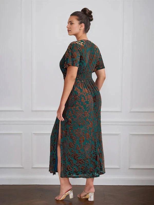 Vintage Plain V-Neck Short Sleeves Velvet Tea-Length Mother of the Bride Dress With Slit