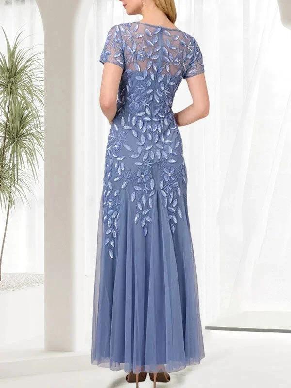Blue Mermaid Round Neck Long Mother of the Bride Dress With Beadings