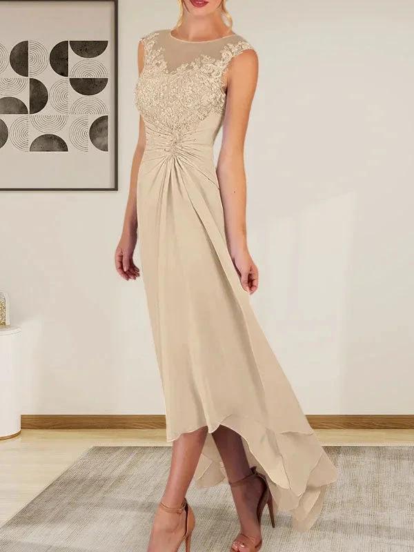 Champagne A-Line Scoop Lace Chiffon Dress