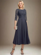 A-line Scoop Tea-Length Lace Chiffon Mother of the Bride Dress With Sequins