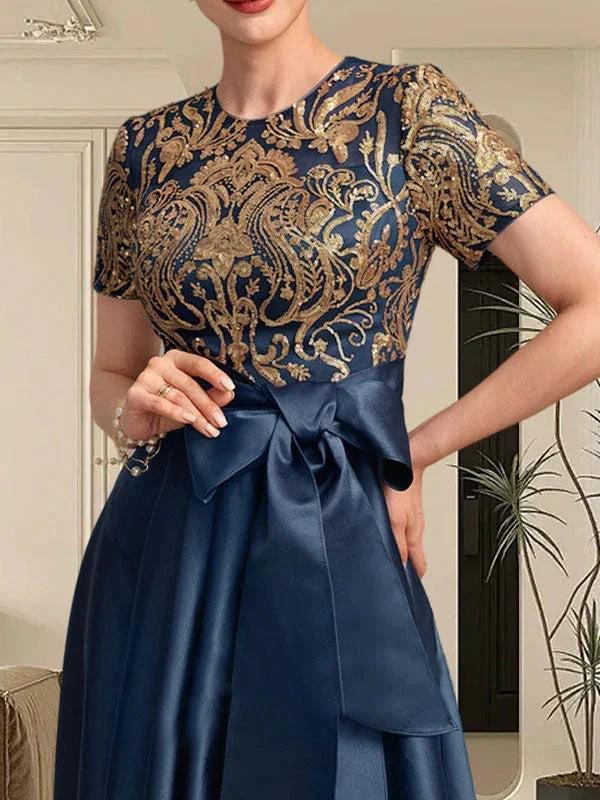 A-line Scoop Asymmetrical Satin Sequin Lace Mother of the Bride Dress With Bow