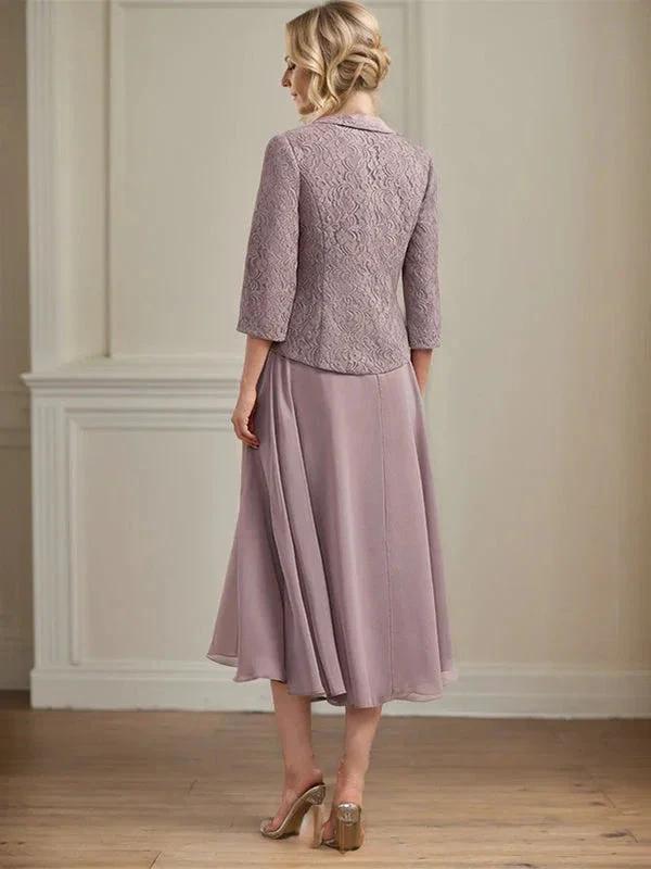 A-line Scoop Tea-Length Lace Chiffon Mother of the Bride Dress