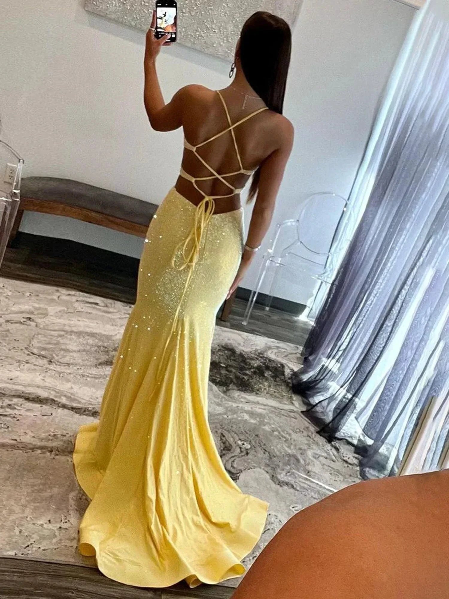 Glint | Sparkly Mermaid V Neck Yellow Sequins Long Prom Dresses