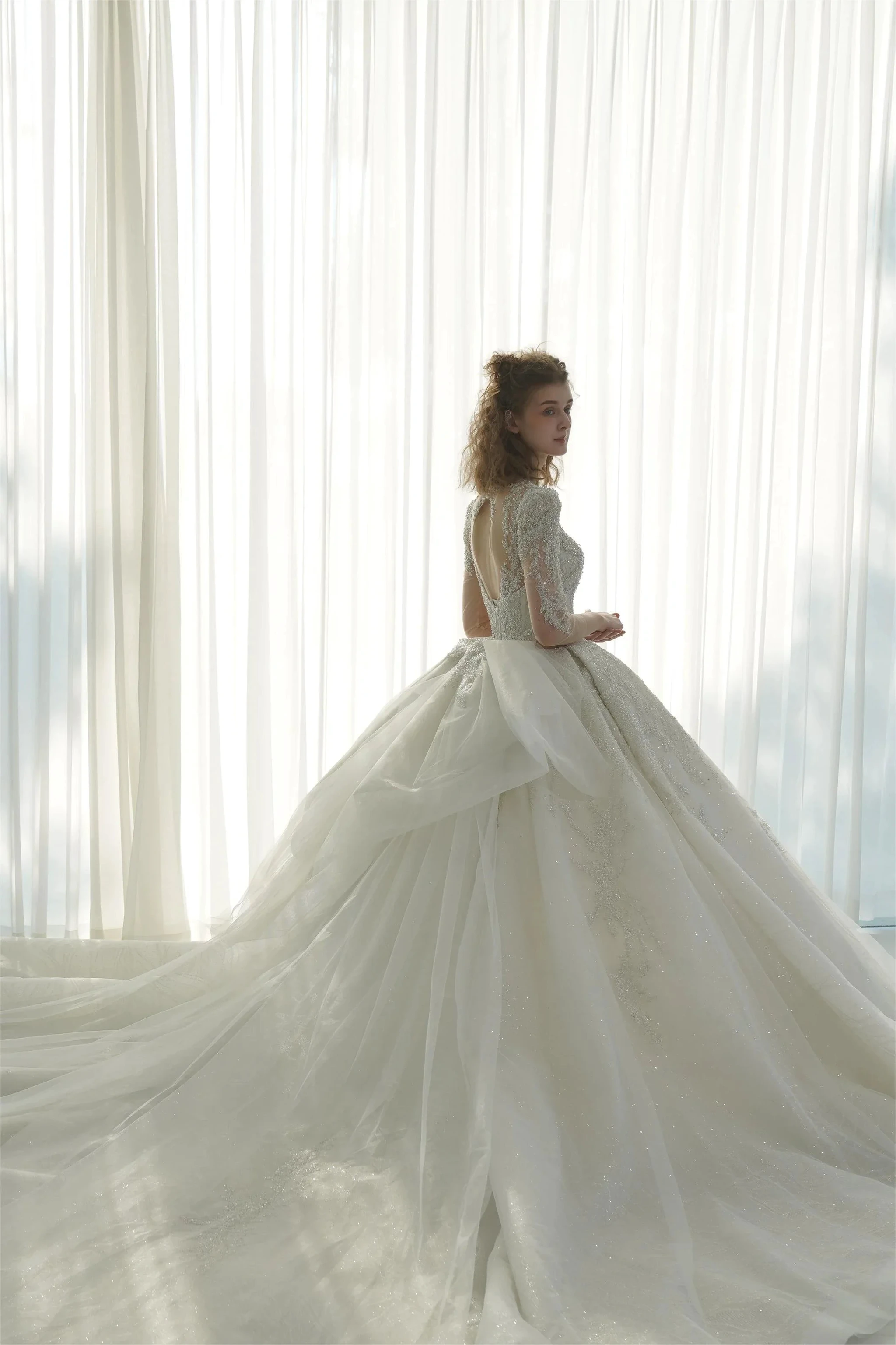 Dazzling Ball Gown Deep V-Neck Tulle Wedding Dress with Beaded Embroidery & Illusion Cut-Out Back Q-6022