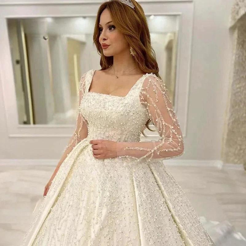 Luxury Wedding Dress Embroidered Lace Beading With Princess Ball Gown Square Collar Fullsleeve Bride Button Vestido De Novia