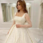 Luxury Wedding Dress Embroidered Lace Beading With Princess Ball Gown Square Collar Fullsleeve Bride Button Vestido De Novia