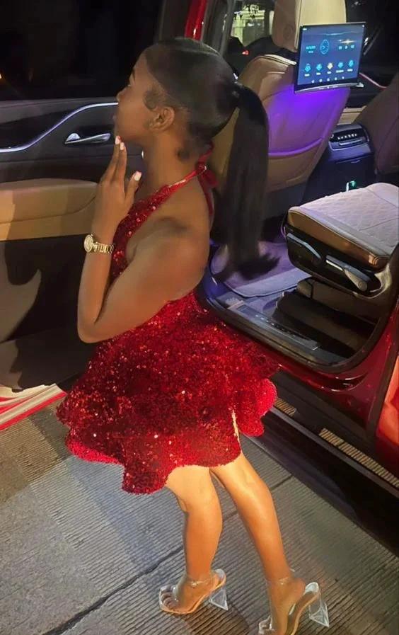 A-line Red Sequins Homecoming Dress Backless Graduation Dress Y1856