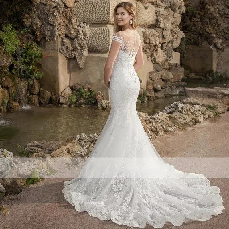 Mermaid Wedding Dress Women Charming Lace Appliques Bridal Gown Robe De Mariée Illusion Short Sleeves Gorgeous Boho