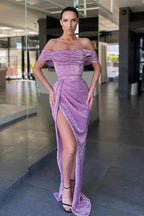 Lilac Split Front Off-The-Shoulder Prom Dress  With Sequins