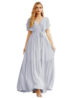 Women's Open Back Formal Evening Party Prom Gowns V-Neck Long Chiffon Bridesmaid Dresses with Waist Belt SEA28038